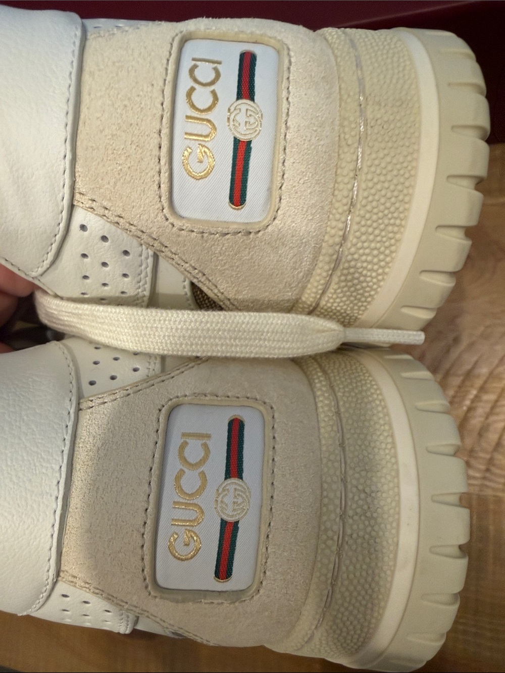 Gucci White Leather & Brown GG Canvas Sneakers with Red-Green Web - Picture 4 of 8